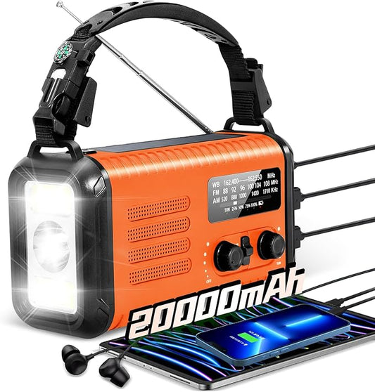 20000mAh Emergency Solar Crank Radio, 4 Ways Powered Portable Weather Radio AM/FM NOAA with USB Charged, Phone Charger, SOS Alarm Flashlight Reading Lamp, Headphone Jack, Compass for Camping Hiking