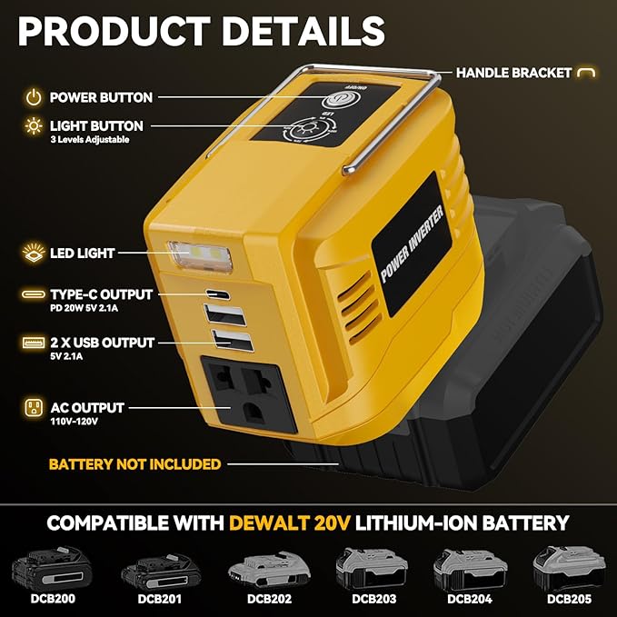 VAXCANZE 200W Power Inverter for Dewalt, DC 20V to AC 110V Inverter, Portable Power Station with 2 USB Ports & 1 AC Outlet & 1 Type-C Fast Charging, Battery Adapter with LED, Battery Not Included