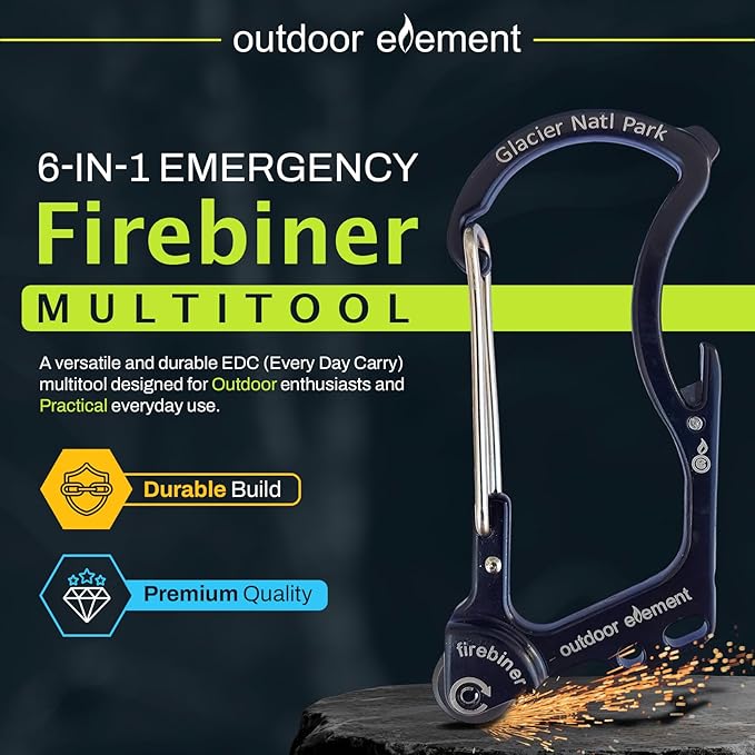 OUTDOOR ELEMENT Firebiner Custom Engraved 6-in-1 Fire Starter Carabiner Multitool – Survival Gear EDC Keychain with Utility Blade, Bottle Opener, Screwdriver, Emergency Tool