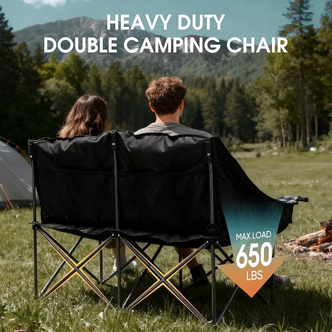 Bolosy Double Camping Chair Padded Loveseat Camping Couch Oversized 2 Person Camp Chairs for Adults Heavy Duty Two Person Folding Lawn Chair Camping Sofa with Cup Holders, Plaid