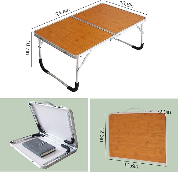 Jucaifu Foldable Laptop Table, Bed Desk, Breakfast Serving Bed Tray, Portable Mini Picnic Table & Ultra Lightweight, Folds in Half with Inner Storage Space (Bamboo Wood Grain)