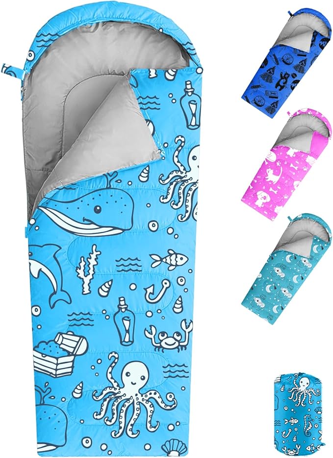 KidzAdventure Mummy Style 32 – 59F Kids Sleeping Bag with Pillow Sleeve, 4 Season, Lightweight and Backpacking Style, Ideal for Camping, Sleepover, Boys, Girls, and Youth