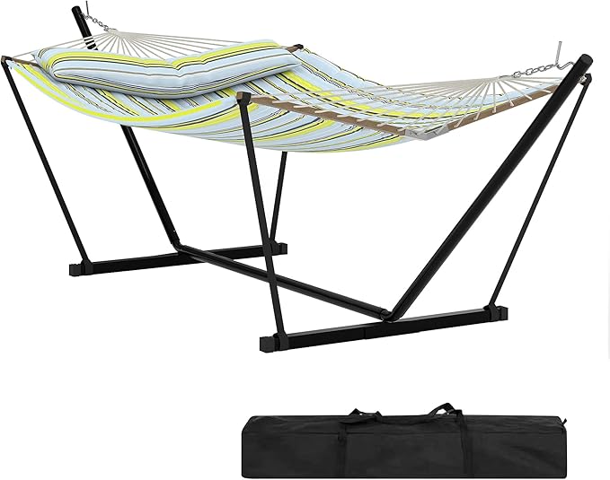2 Person Double Hammock with Adjustable Steel Stand & Pillow, Heavy Duty Portable Outdoor Hammock Set, MAX 450 LBS Weight Capacity for Patio, Garden, Beach, Backyard