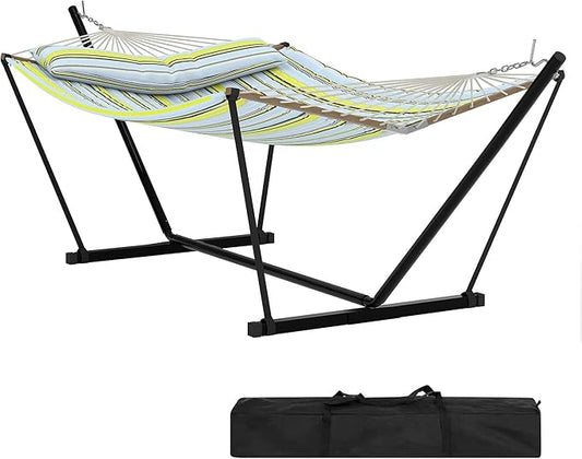 2 Person Double Hammock with Adjustable Steel Stand & Pillow, Heavy Duty Portable Outdoor Hammock Set, MAX 450 LBS Weight Capacity for Patio, Garden, Beach, Backyard