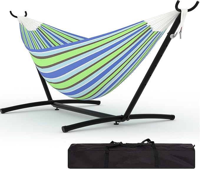 Double Hammocks with Stand for Outside, Portable Space Saving Heavy-Duty Steel Stand for Indoor Outdoor Patio with Carrying Bag, 450 lbs Capacity