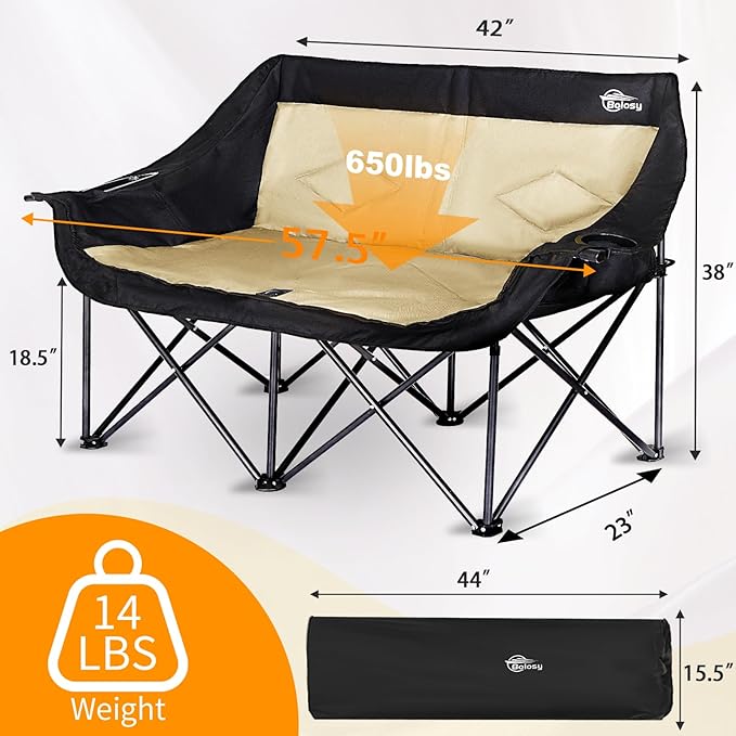 Bolosy Double Camping Chair Loveseat Camping Chair Double Folding Chair Camp Chairs for Adults Heavy Duty Two Person Camp Chair Padded Camping Couch 2 Person Lawn Chairs - Support 650 lbs - Khaki