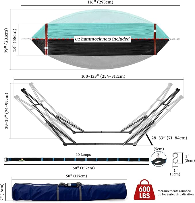 Tranquillo Combo x2 Hammocks with Stand for Outside & Tree Straps, Heavy Duty Hammock with Stand 600lbs for Indoor Outdoor Patio Backyard, x2 Hammocks for 2 Person (Combo - Sky, Medium)