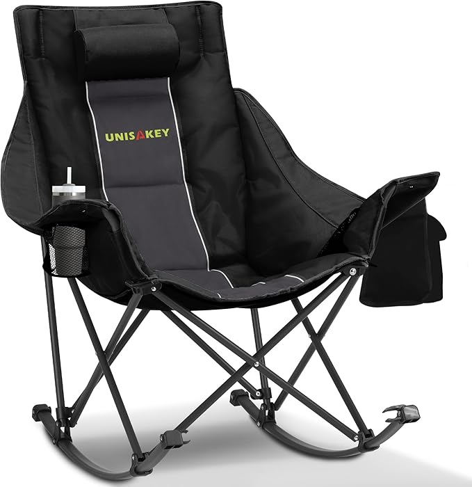 Unisakey Oversized Rocking Camping Chair with Headrest & Cup Holder - 400lbs Capacity, 600D Oxford Fabric, Easy Fold Portable Outdoor Rocker Chair for Camping, Backyard, Beach, Deep Gray