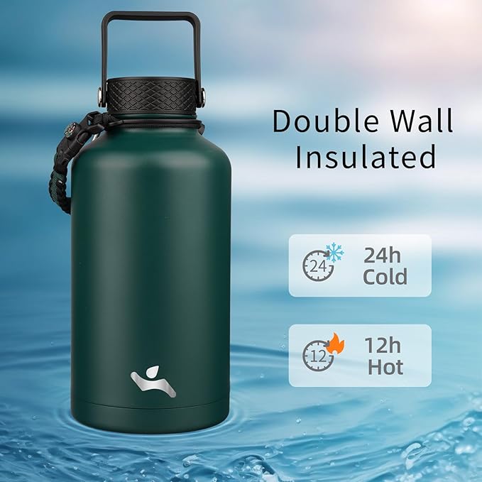 Konokyo Half Gallon Insulated Water Bottle with Straw,64 oz 3 Lids Water Jug with Carrying Bag,Paracord Handle,Double Wall Vacuum Stainless Steel Metal Flask,Dark Green