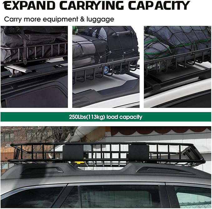 FORWODE 250LBS Universal Roof Rack Basket, 64"x39"x6" Rooftop Cargo Carrier Rack + Waterproof Cargo Bag 15 Cubic Feet(43"x34"x17") and Cargo Net, Ratchet Straps