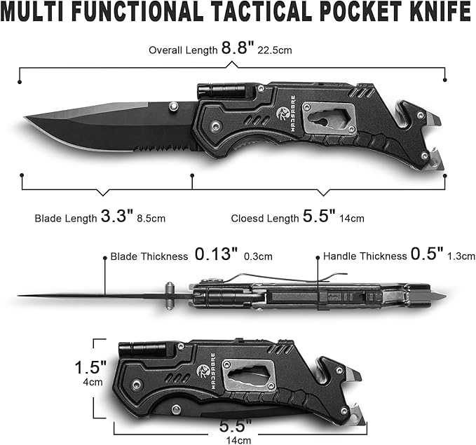 MADSABRE Multitool Pocket Knife with Clip and Case, 8-in-1 Folding Knives with Glass Breaker, Bottle Opener, Wrench, EDC Multitool Knife for Camping, Survival, Gifts for Men (Black)