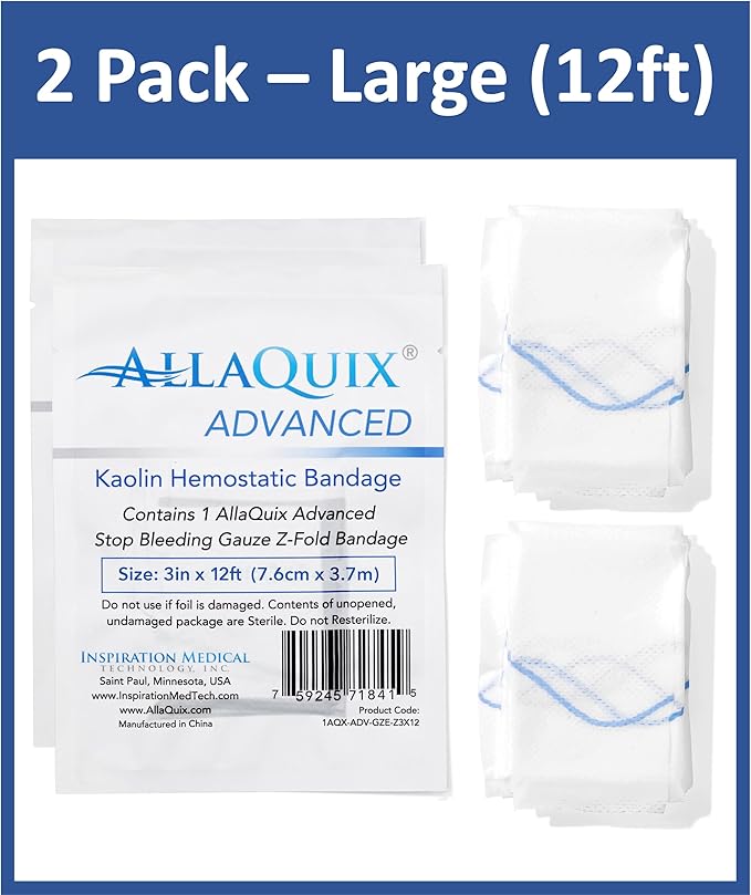 Advanced Kaolin Hemostatic Gauze – Z-Fold Sterile Clotting Bandage (3" x 12 ft, 2-Pack) | Stops Bleeding Fast for Trauma, Tactical First Aid, Emergency Kits, Survival, and IFAKs