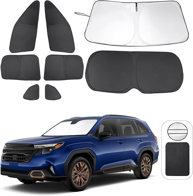 8PCS Windshield Sun Shade Custom Fit for 2025 Subaru Forester Accessories Foldable Sunshade Side Rear Window Shade Cover Full Set Privacy Protection Keeps Car Cool