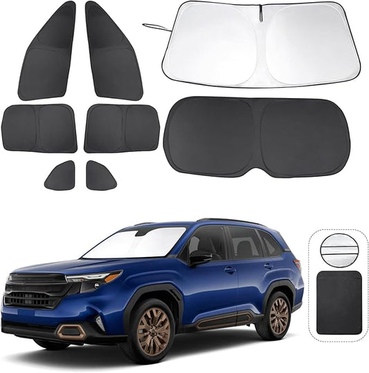 8PCS Windshield Sun Shade Custom Fit for 2025 Subaru Forester Accessories Foldable Sunshade Side Rear Window Shade Cover Full Set Privacy Protection Keeps Car Cool