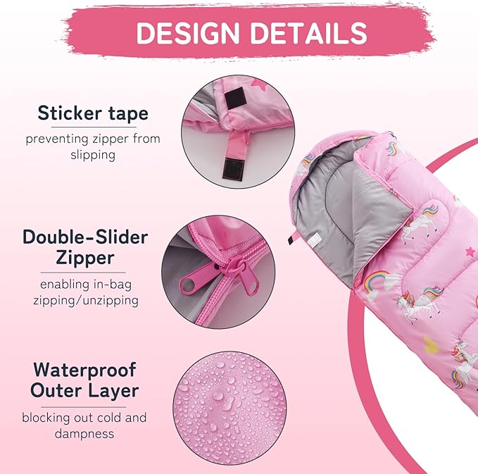 tuphen Kids Sleeping Bag - 50-77℉ 3-Season Waterproof Sleeping Bag for Boys & Girls, Lightweight 2.2 lbs Camping Gear with Compression Bag Ideal for Camping, Hiking, Indoor