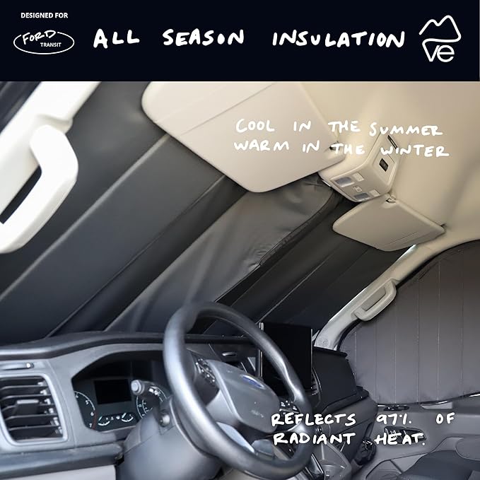 VanEssential Insulated Blackout Front Windshield Window Cover Designed for Ford Transit Van Medium and High Roof Year 2015 to Current - Cool Gray