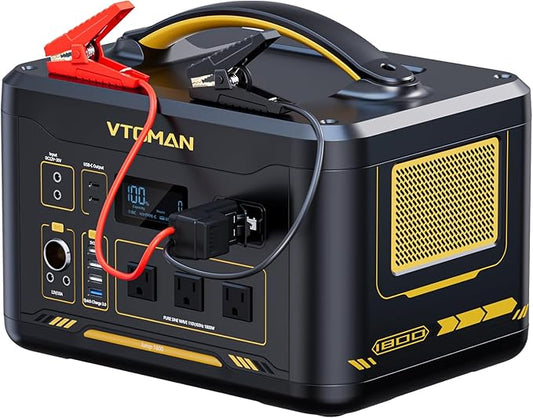 VTOMAN Jump 1800 Portable Power Station &12V Car Jump Starter, 1548Wh LiFePO4 Battery Solar Generator with Jumper Cable, 1800W 3xAC Outlets, 2xPD 100W for Camping Roadside Rescue
