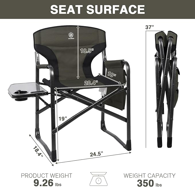EVER ADVANCED Aluminum Lightweight Folding Director Chair, 350lbs Heavy Duty Camping Chair with Side Table & Storage, 19" Joint-Friendly Height Easy to Stand, Portable Makeup Artist & Vendor Chair
