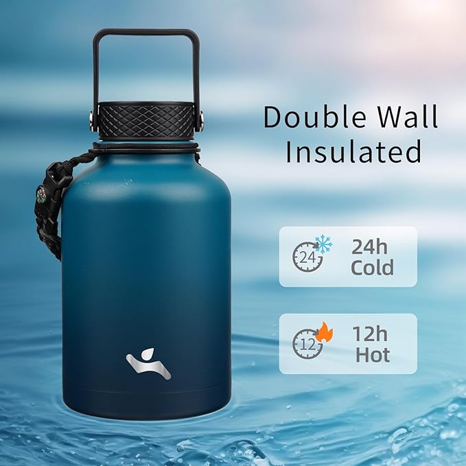 Konokyo Insulated Water Bottle with Straw,50 oz 3 Lids Water Jug with Carrying Bag,Paracord Handle,Double Wall Vacuum Stainless Steel Metal Flask,Indigo Black