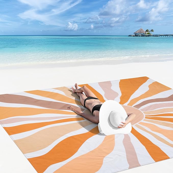 Beach Blanket Waterproof Sandproof, 10'X 9' Extra Large Oversized Beach Mat for 2-8 Adult, Quick Drying Lightweight Portable Polyester Picnic Blanket for Outdoor, Travel, Camping, Hiking-Boho Sun