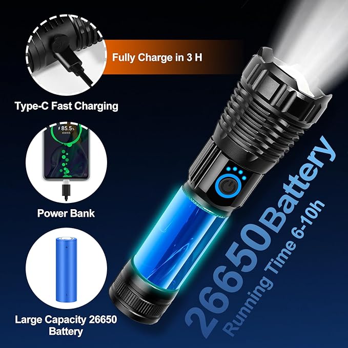 Rechargeable Flashlights High Lumens , Super Bright 500000 Lumens Powerful Flashlight & Tactical Flashlight with Gift Box, 5 Modes, Waterproof, LED Hand Light for Outdoor Camping, Hiking, Emergency