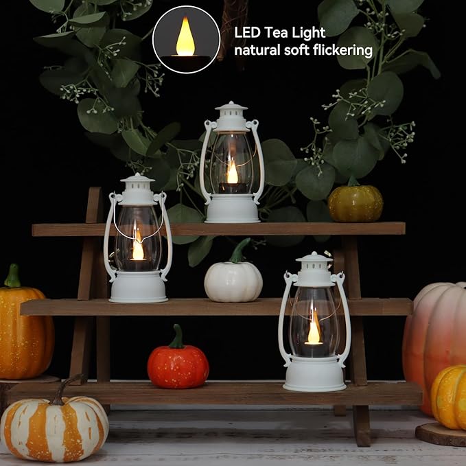 White Mini Lanterns Decorative 6-Pcs for Wedding & Ramadan, Eid, Small Elegant Lantern with LED Light for Western Cowboy Parties, Camping Baby Shower Birthday Party, Centerpiece Table