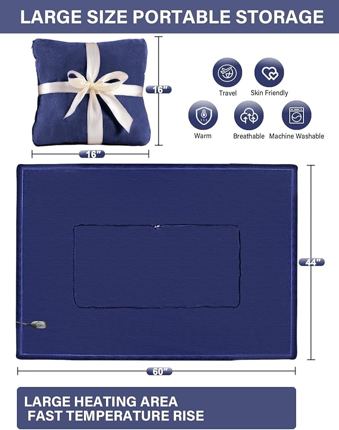 Car Heated Blanket, 12/24V Portable Heated Blanket for Car, Machine Washable Flannel Travel Blanket, 3 Heating Levels, 60x44 Inches, 4-in-1 Design, Convenient for Camping,Navy Blue