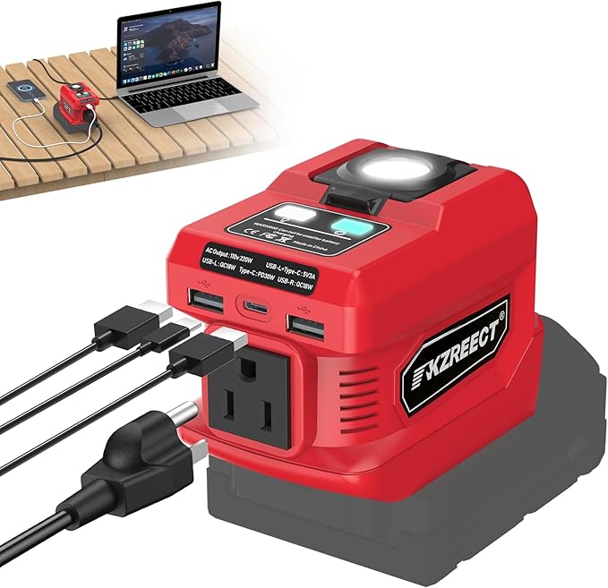 Kzreect 220W Power Inverter Compatible with Milwaukee 18V Batteries (Battery Not Included), DC to 110V AC Converter with 1 AC Outlet, USB-C, Dual USB-A & 400LM LED – Outdoor, Camping & Emergency Use