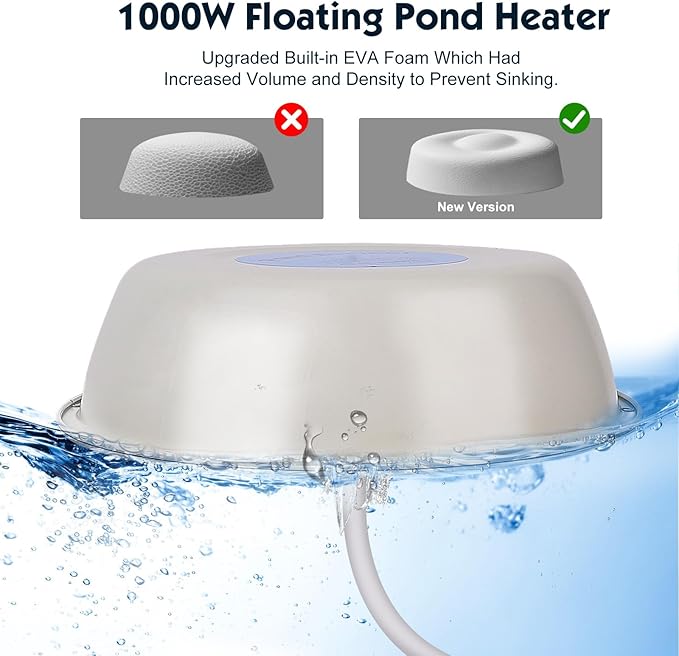 1000W Pond Heater for Outdoor Ponds with Fish, Floating Pond De-Icer with Thermostatic Control, Cast Aluminum Heater with 10 FT Cord for Winter Live Fish Oxygen Exchange