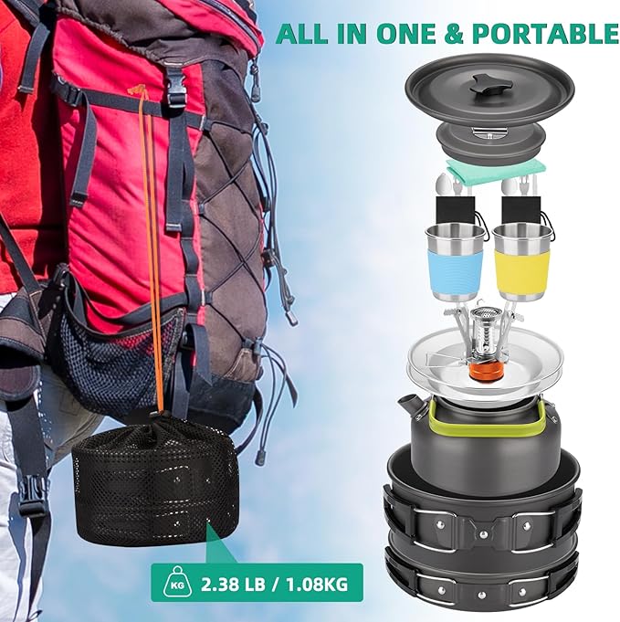 18pcs Camping Cookware Kit, Aluminum Non-Stick Pot, Pan and Kettle Set with 2 Set Stainless Steel Cups Plates Forks Knives Spoons for Backpacking and Hiking Camping