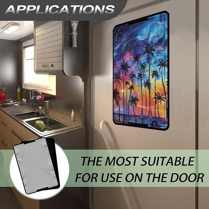 Reflective RV Door Window Shade Cover, Galaxy Palm Foldable Trailer Door Blackout Window Shade with Hook and Loop, Reflective Camper Door Window Shade RV Accessories for Inside