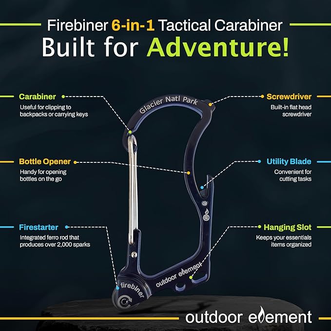 OUTDOOR ELEMENT Firebiner Custom Engraved 6-in-1 Fire Starter Carabiner Multitool – Survival Gear EDC Keychain with Utility Blade, Bottle Opener, Screwdriver, Emergency Tool