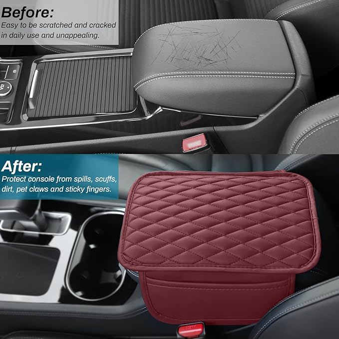 Car Center Console Cover, Upgraded Microfiber Leather Car Arm Rest Cover with 2 Storage Bags, Universal Armrest Cover for Car Storage Box Car Interior Accessories Protector for Most Vehicle-Red