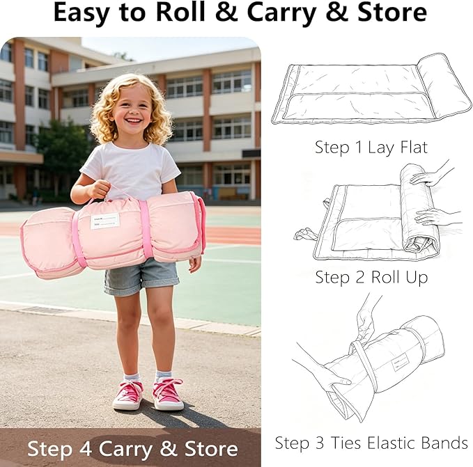 Primlect Lightweight Toddler Nap Mat, Portable Rolled Design Perfect for Daycare Travel, 51”x31 All-in-One Sleeping Bag with Removable Pillow and Fleece Blanket for Boys Girls, Machine Washable