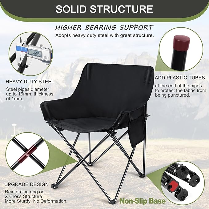 Joyfair Outdoor Camping Chair for Adult, Large Portable Folding Moon Chairs with Carry Bag for Patio Beach, Fishing, Lawn and More Outdoor Sports, 600D Oxford Fabric & Heavy Duty Steel (2, Black)