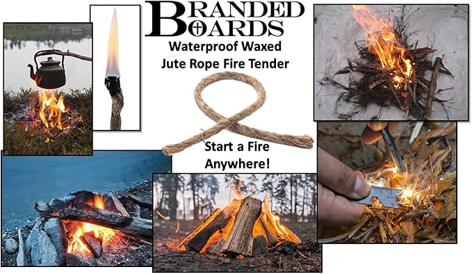 Bushcraft Fire Starter Kits. Ferrocerium Rod, Multi Tool Fire Striker, Waterproof Waxed Jute Rope Tinder, Survival Paracord, Emergency Whistle, Burlap Bag