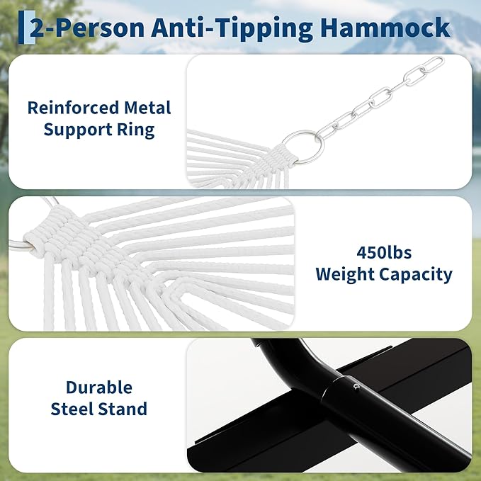 Garvee 2 Person Outdoor Hammock with Stand, Heavy Duty Portable Double Hammock with Balance Rope, MAX 450 LBS Capacity for Patio, Backyard, Garden, Beach