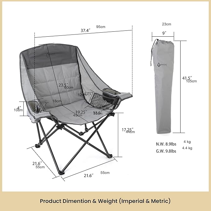 ARROWHEAD OUTDOOR Oversized Folding Camping Chair, Heavy-Duty 300 lbs Capacity, Adjustable Double Cup Holder, Mesh Panels, Inner Storage Pockets & Carry Bag