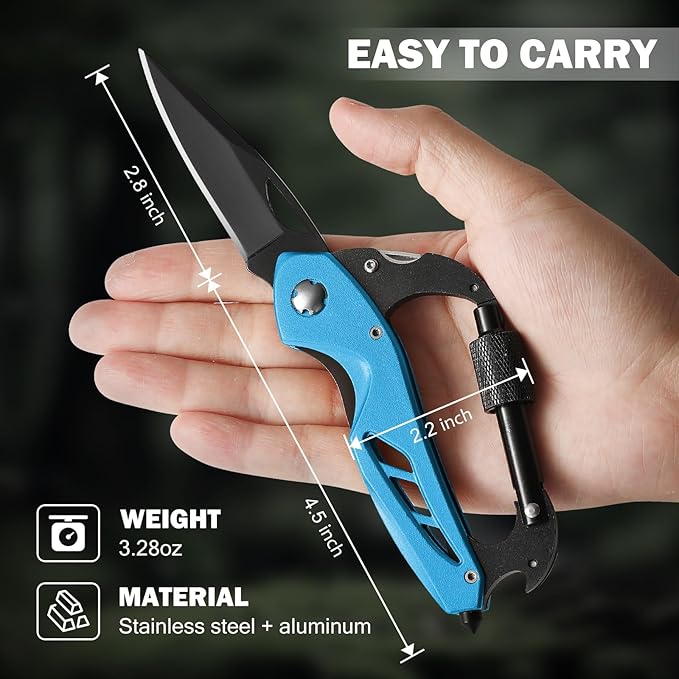 Multitool Carabiner with Pocket Knife, Stocking Stuffers Gifts for Men,6-in-1 Multi Tools with Window Breaker, Bottle Opener and Screwdriver, Survival Gear for Camping Hiking(Blue）