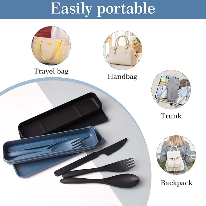 2 Sets Reusable Utensil Set with Case, Portable Plastic Spoons Fork Knife Camping Utensils for Lunch Box Accessories for Kids Adults Travel Picnic Camping Daily Use(Blue, Black)