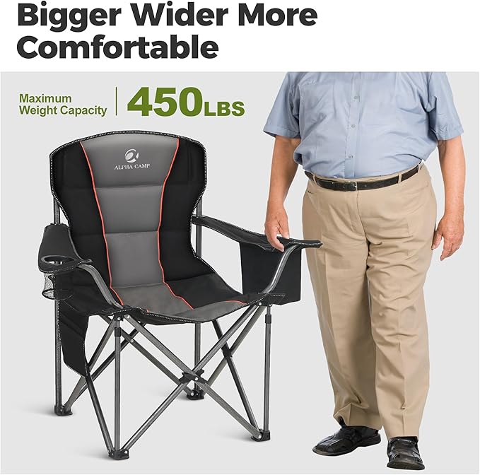 ALPHA CAMP 2PC Oversized Camping Chair Heavy Duty Lawn Chair with Cooler Bag (Black)