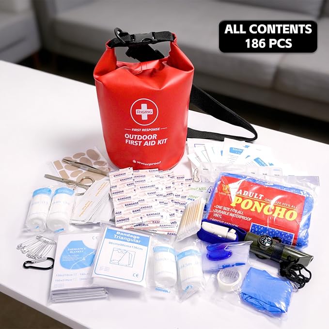 Waterproof First Aid Kit 186 Pcs Survival Gear, Portable Small Boat Dry Bag Bug Out Bags, Emergencies Medical Kit Ideal for Boating, Fishing, Hiking, Camping, Kayaking (Red)