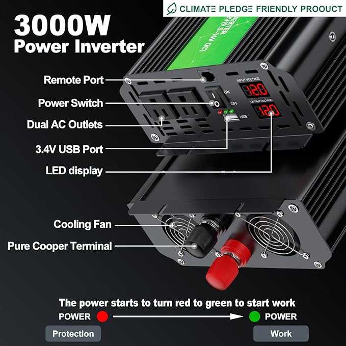 3000W Power Inverter 12V DC to 110V/120V AC Converter, 6000W Peak, LCD Display & Remote Control, Dual AC Outlets & USB Port for RV Truck Solar System, Emergency Backup, Outdoor Camping