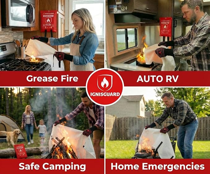 Fire Blankets 4 Pack, 40x40in with 1 Pair Fire Resistant Gloves & 4 Hooks, Fiberglass Fire Blankets Emergency for Home and Kitchen, Suppressant for Grease & Electrical Fires, RV, Camping