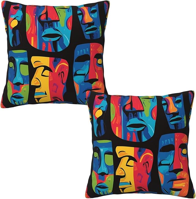 Colorful Face Art Throw Pillow Covers 18x18 inch Set of 2 Pillow Case Cushion Cover for Home Sofa Couch Living Room Car Decor