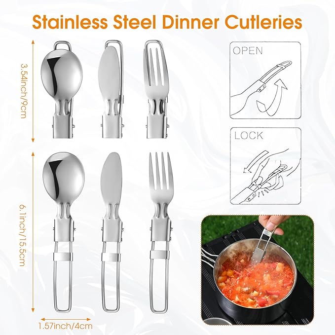 Funnymoom 14 Piece Camp Cooking Set, Stainless Steel Camping Cookware with Pot and Pan Kit 2 Set Stainless Steel Cups Plates Forks Knives Spoons for Camping, Backpacking, Outdoor Cooking and Picnic