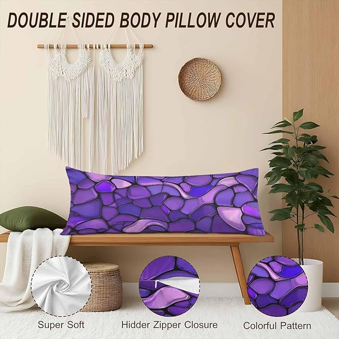 Outdoor Pillows Body Pillow Cover Glass Mosaic, Abstract Stained Mosaic Lumbar Body Pillow Case Body Cushion Covers Bed Body Pillowcases for Bedroom,Couch,Sofa 20"X54", Violet