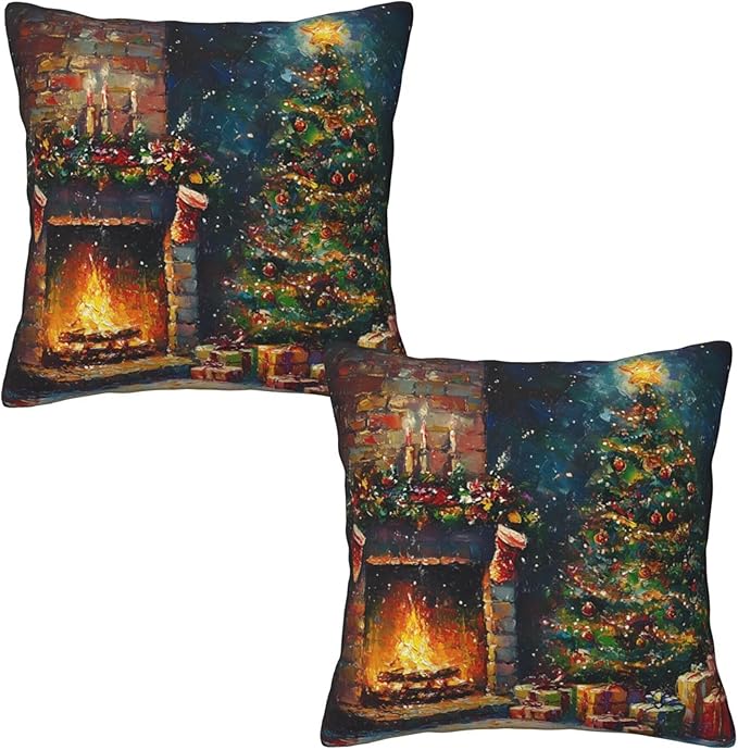 Christmas Tree and Fireplace Throw Pillow Covers 18x18 inch Set of 2 Xmas Pillow Case Cushion Cover for Home Sofa Couch Living Room Car Decor