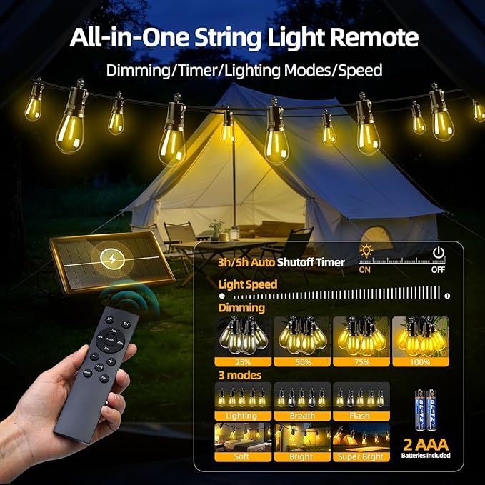 Solar Lights Outdoor Patio Lights: S14 30M 100FT Solar Powered Remote Control 3 Light Modes Dimmable Solar Waterproof Light - Shatterproof Bulbs - Camping Backyard Garden Deck Outside Yard