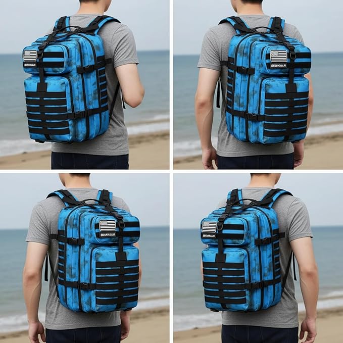 45L Military Tactical Backpack for Men & Women Bug Out Bag Assault pack Molle Daypack Hiking Trekking Rucksack (Blue tie dye)